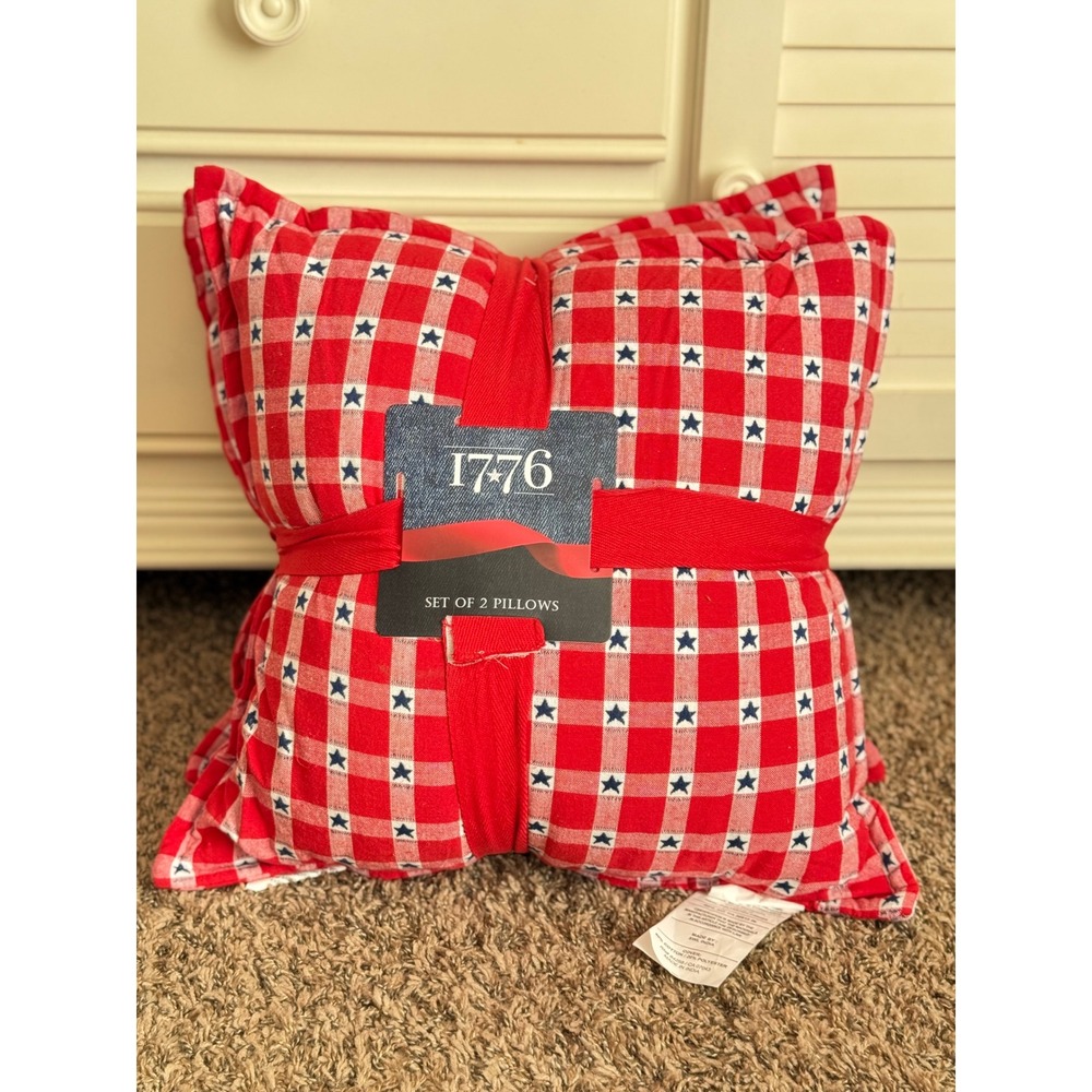 1776 Set of 2 Patriotic Throw Pillows Red White Gingham Blue Stars Americana New